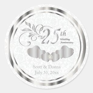 25th Silver Wedding Anniversary - White Damask Classic Round Sticker