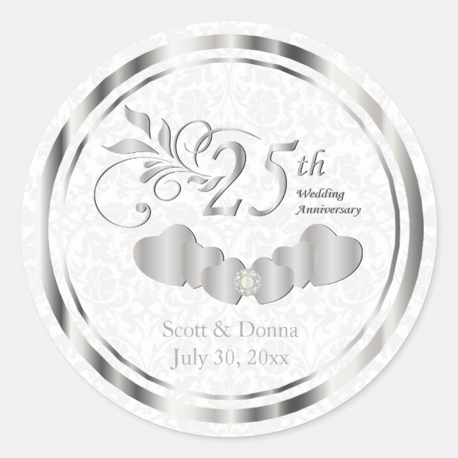 25th Silver Wedding Anniversary - White Damask Classic Round Sticker (Front)