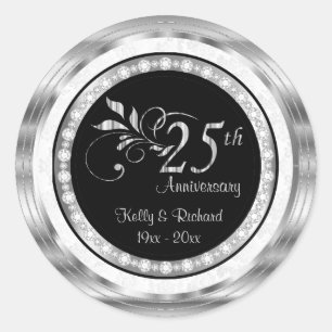 25th Silver Wedding Anniversary - White Damask Classic Round Sticker
