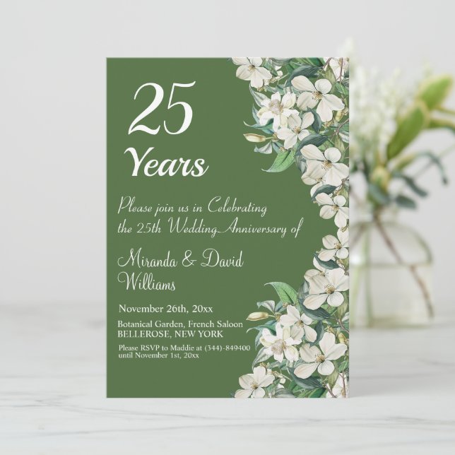 25th Silver Wedding Anniversary White Floral Invitation (Standing Front)