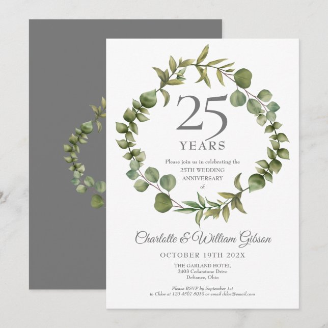 25th Silver Wedding Anniversary Woodland Greenery Invitation (Front/Back)