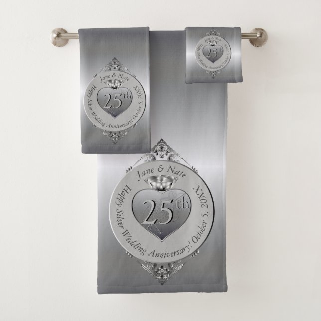 25th Silvery Wedding Anniversary Bath Towel Set (Insitu)