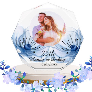 25th Soft Blue Floral Wedding Anniversary Keepsake Photo Block