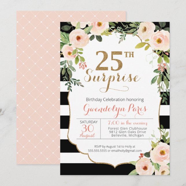 25th Surprise Black White Stripe Floral Birthday Invitation (Front/Back)