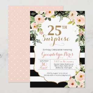 25th Surprise Black White Stripe Floral Birthday Invitation