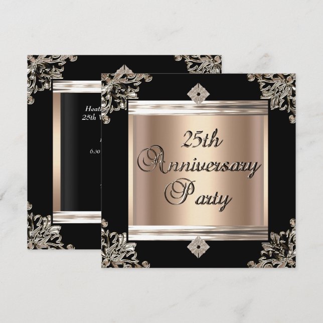 25th Wedding Anniversary Art Deco Black Coffee Invitation (Front/Back)