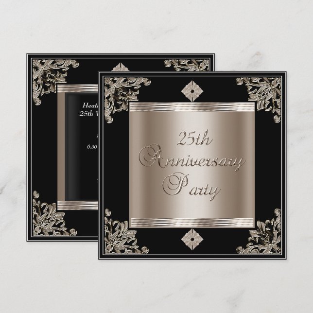 25th Wedding Anniversary Art Deco Black Sepia Invitation (Front/Back)