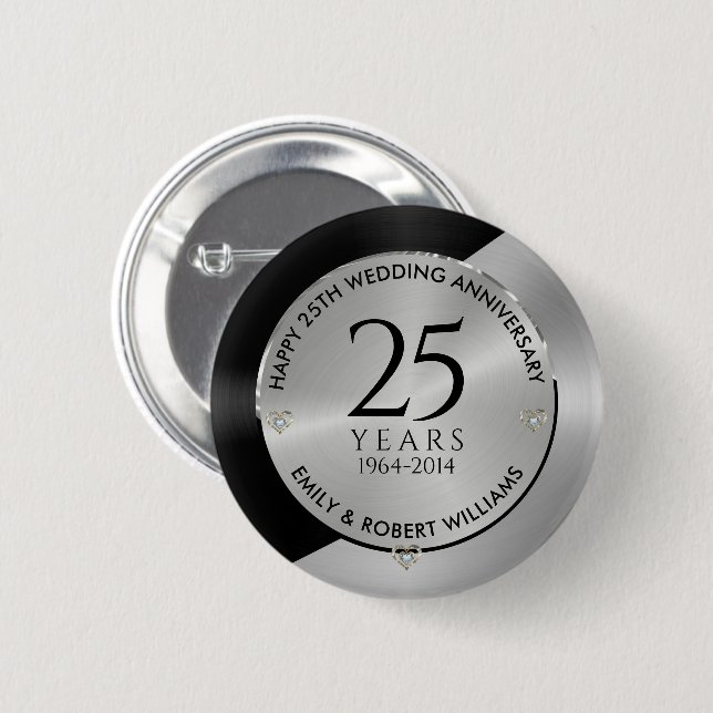 25th wedding anniversary black and silver 2 6 cm round badge (Front & Back)