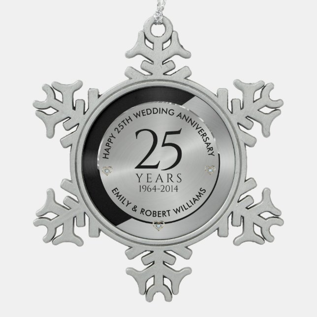 25th wedding anniversary black and silver 2 snowflake pewter christmas ornament (Front)
