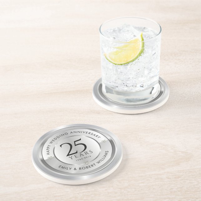 25th wedding anniversary black and silver coaster (Side)