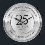 25th wedding anniversary black and silver large clock<br><div class="desc">Elegant silver-grey and white modern customisable Anniversary design. Easily customise your names and years of your Anniversary.
Silver wedding anniversary template.</div>