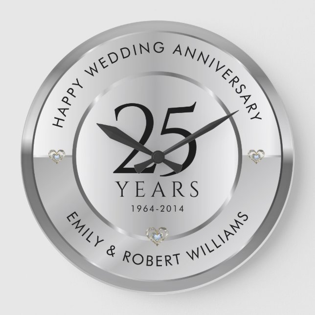 25th wedding anniversary black and silver large clock (Front)