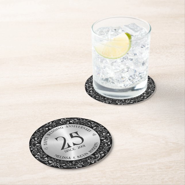 25th Wedding Anniversary Black Gold Frame Round Paper Coaster (Insitu)