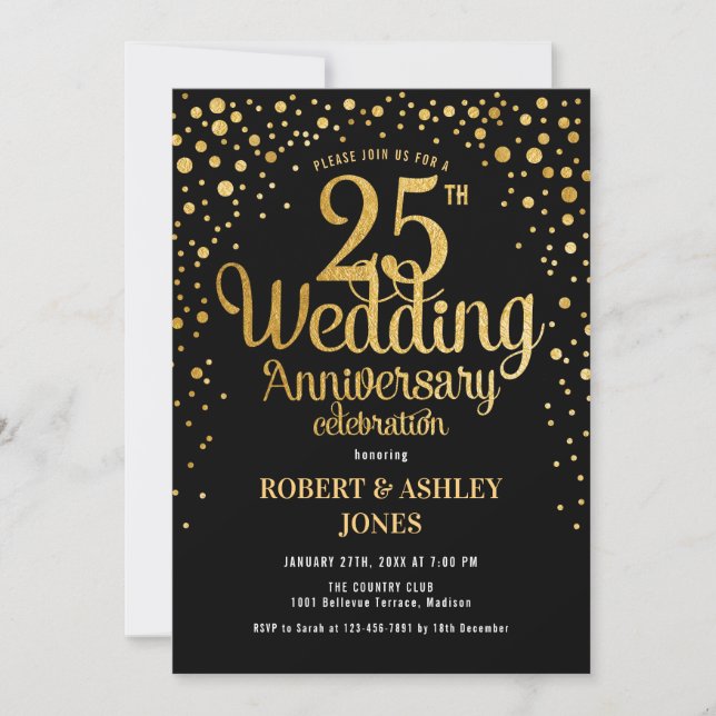 25th Wedding Anniversary - Black & Gold Invitation (Front)