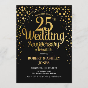 25th Wedding Anniversary - Black & Gold Invitation
