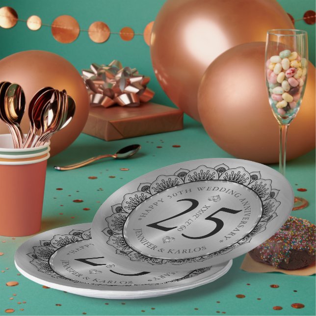 25th wedding anniversary black lace & gold paper plate (Multi)