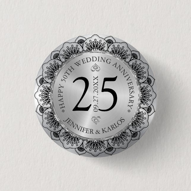 25th wedding anniversary black lace & silver 3 cm round badge (Front)