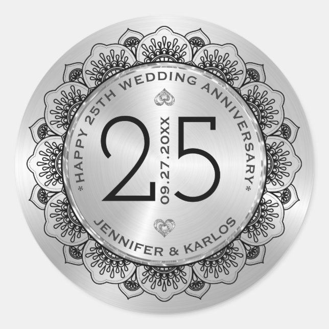 25th wedding anniversary black lace & silver classic round sticker (Front)