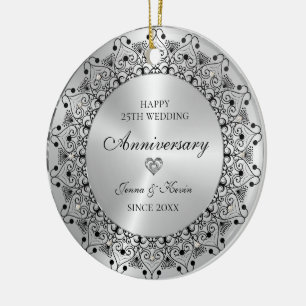 25th Wedding Anniversary Black Mandala On Gold Ceramic Tree Decoration