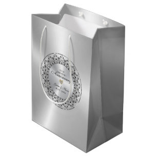 25th Wedding Anniversary Black Mandala On Silver Medium Gift Bag