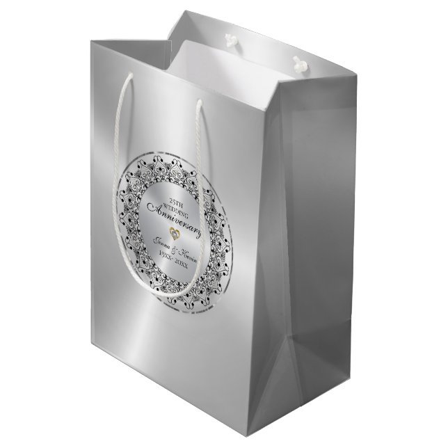 25th Wedding Anniversary Black Mandala On Silver Medium Gift Bag (Back Angled)