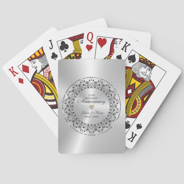 25th Wedding Anniversary Black Mandala On Silver Playing Cards (Back)