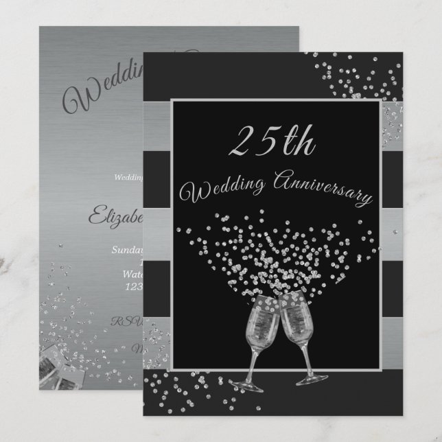 25th Wedding Anniversary Black Silver Chic Elegant Invitation (Front/Back)