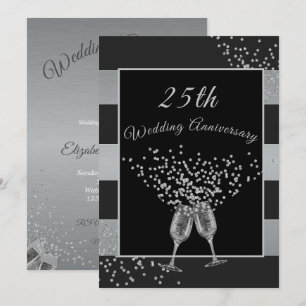 25th Wedding Anniversary Black Silver Chic Elegant Invitation