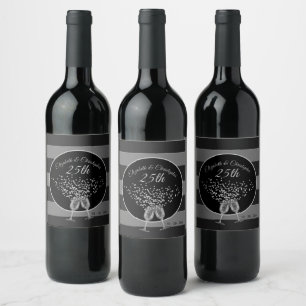 25th Wedding Anniversary Black Silver Chic Elegant Wine Label