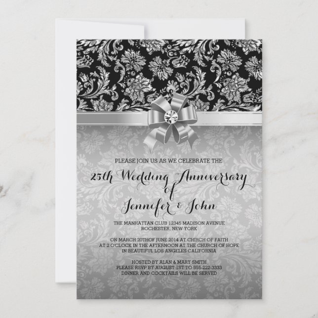 25th Wedding Anniversary Black & Silver Damasks 2 Invitation (Front)