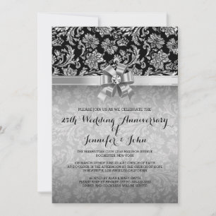 25th Wedding Anniversary Black & Silver Damasks 2 Invitation