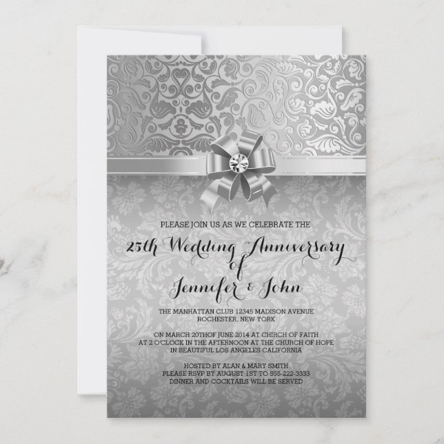 25th Wedding Anniversary Black & Silver Damasks Invitation (Front)