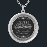 25th Wedding Anniversary Black Silver & Diamonds Silver Plated Necklace<br><div class="desc">Elegant 25th wedding anniversary silver and diamonds glitter print over black background. Silver tones round circle frame. Customisable names and years.</div>