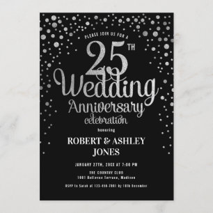 25th Wedding Anniversary - Black & Silver Invitation