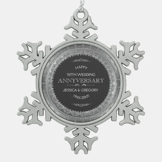 25th Wedding Anniversary Black & Silver Lace Snowflake Pewter Christmas Ornament (Front)