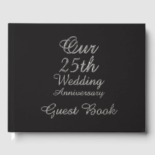 25th Wedding Anniversary Black Silver Typography Guest Book