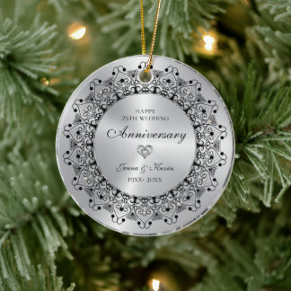 25th Wedding Anniversary BlackMandala On Gold Ceramic Tree Decoration