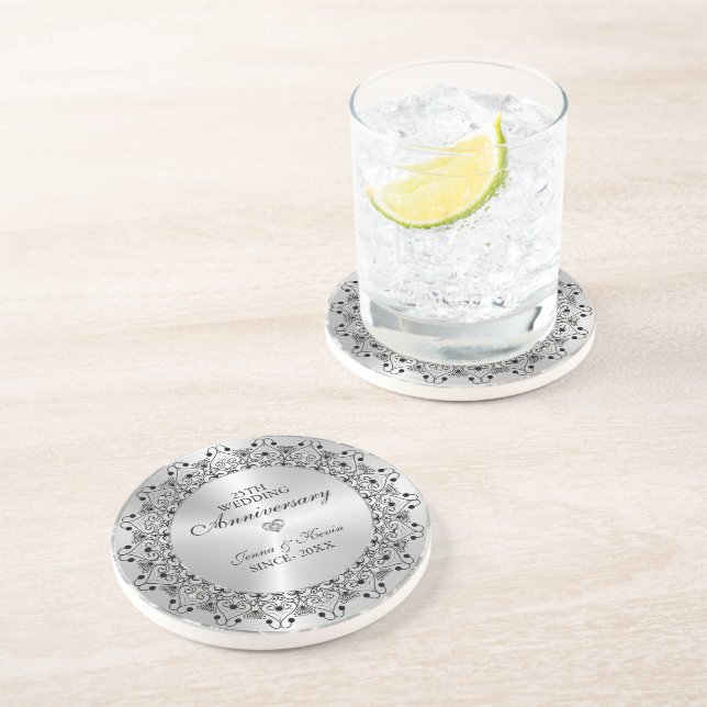25th Wedding Anniversary BlackMandala On Silver Coaster (Side)