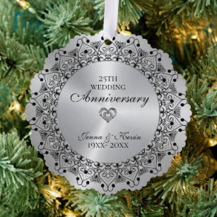 25th Wedding Anniversary BlackMandala On Silver Tree Decoration Card