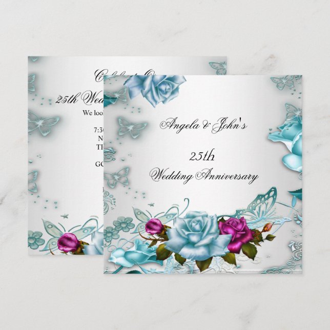 25th Wedding Anniversary Blue Floral Pink Invitation (Front/Back)
