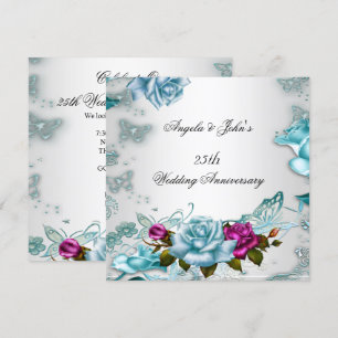 25th Wedding Anniversary Blue Floral Pink Invitation