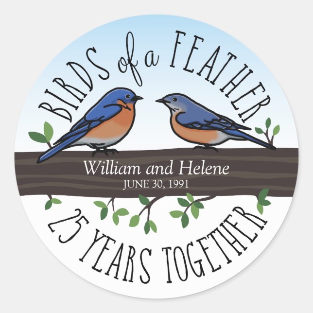 25th Wedding Anniversary, Bluebirds of a Feather Classic Round Sticker (Front)