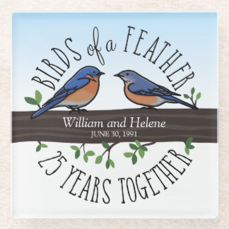25th Wedding Anniversary, Bluebirds of a Feather Glass Coaster