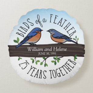 25th Wedding Anniversary, Bluebirds of a Feather Round Cushion