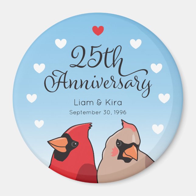25th Wedding Anniversary, Cardinal Bird and Hearts Magnet (Front)