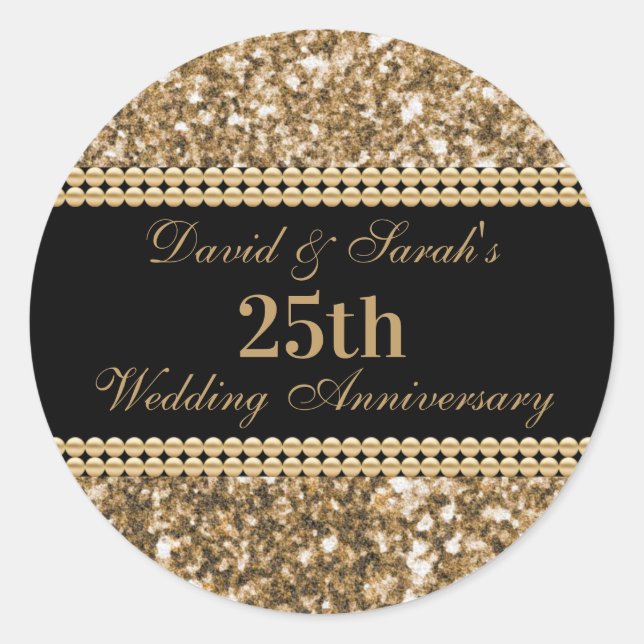 25th Wedding Anniversary Celebration Gold Glitter  Classic Round Sticker (Front)
