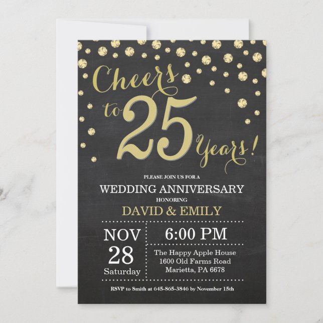 25th Wedding Anniversary Chalkboard Black and Gold Invitation (Front)