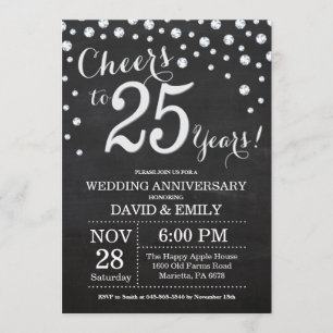 25th Wedding Anniversary Chalkboard Black Silver Invitation