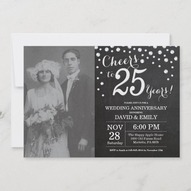 25th Wedding Anniversary Chalkboard Black Silver Invitation (Front)
