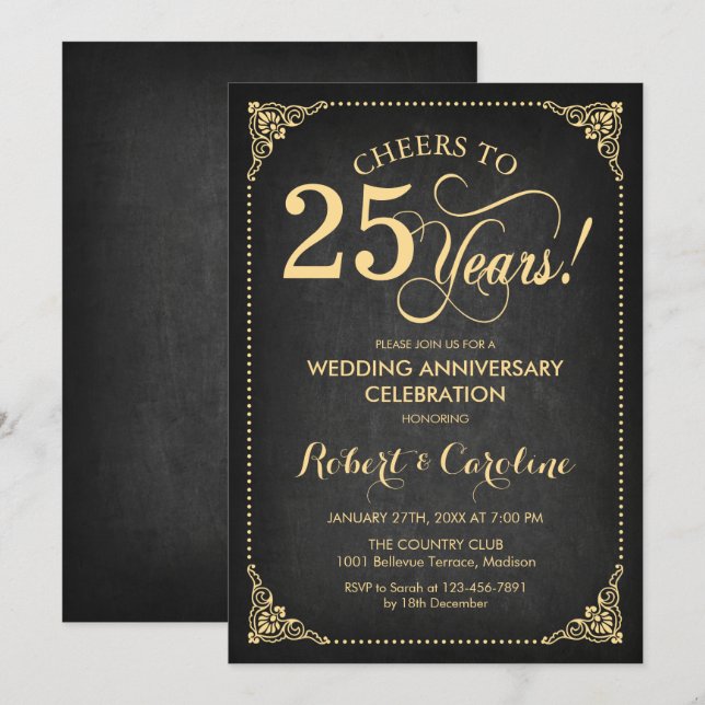25th Wedding Anniversary - Chalkboard Gold Invitation (Front/Back)